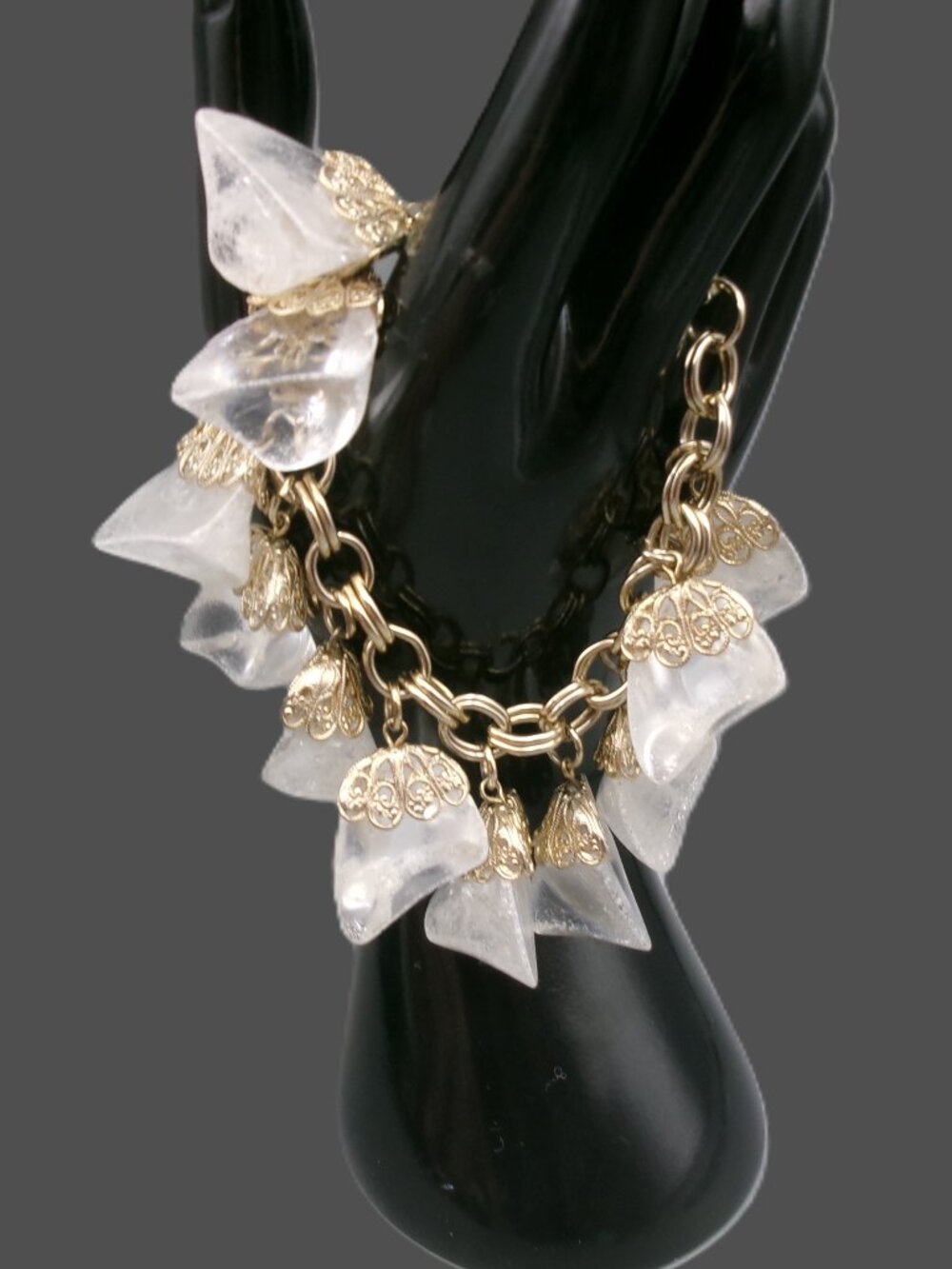 Vintage Chunky Lucite Moon Rock Charm Bracelet w/Gold Filigree Caps